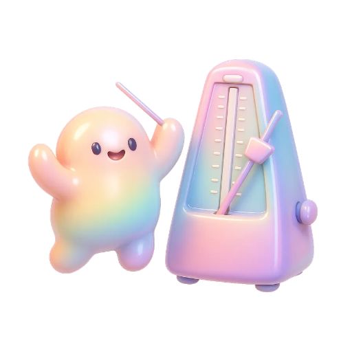 디유 멘탈 트레이닝센터 밸런스 체크 페이지의 마스코트. 삶의 균형과 리듬을 상징하는 메트로놈 옆에서 즐겁게 지휘하며 박자를 맞추는 귀여운 3D 캐릭터