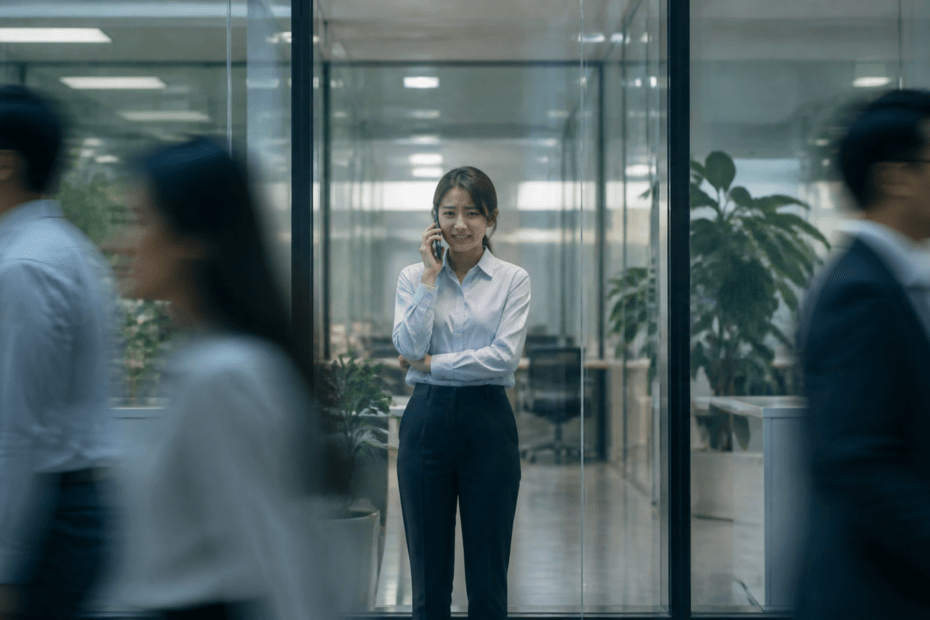 유리 복도에서 전화를 끊지 못하고 서 있는 사람, 경계선 부족과 번아웃을 나타내는 이미지