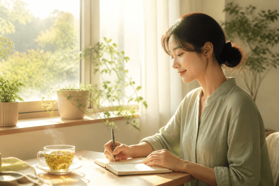 아침 햇살 속 창가 책상에서 노트에 글을 쓰는 사람, 번아웃 회복 습관을 나타내는 이미지