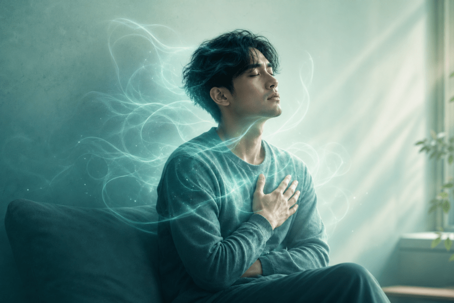 감정을 억누르려 할수록 회복이 늦어지는 내면의 상태를 청록색 감성으로 표현한 마음여행 이미지